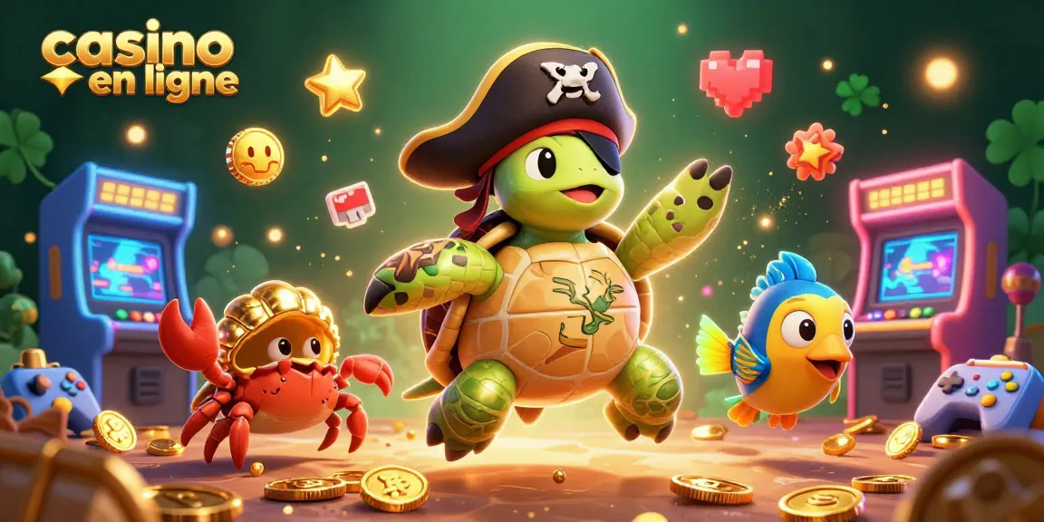 Scénario de casino en ligne avec une tortue pirate, un crabe en or et un poisson-perroquet au-dessus d'un trésor, dans un décor animé.