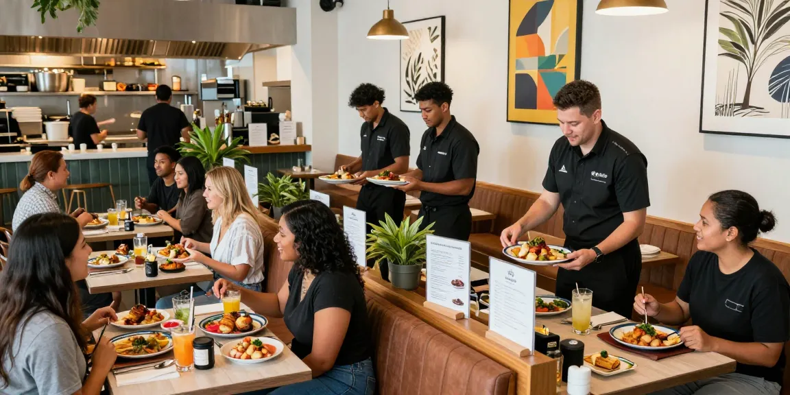 Orlando restaurant management FAQs illustrated in a bustling dining environment with friendly staff and gourmet dishes.