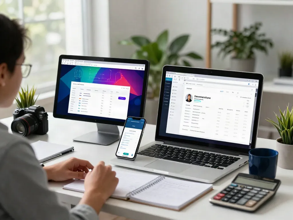tax software for new tax business displayed on modern workstation with dual monitors and mobile app interface