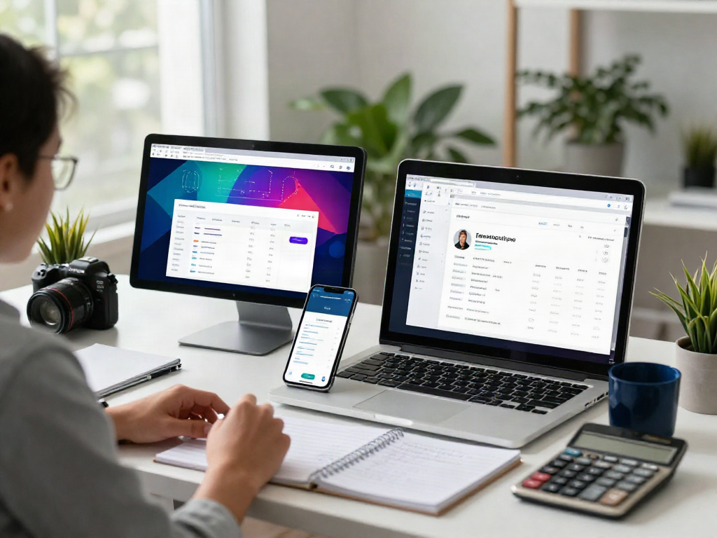 tax software for new tax business displayed on modern workstation with dual monitors and mobile app interface