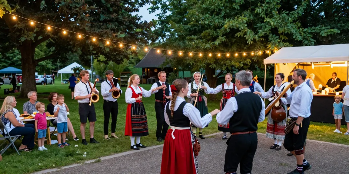 Community enjoying M98 สล๊อตเว็บตรง cultural event with traditional Breton music and dance in a festive park atmosphere.