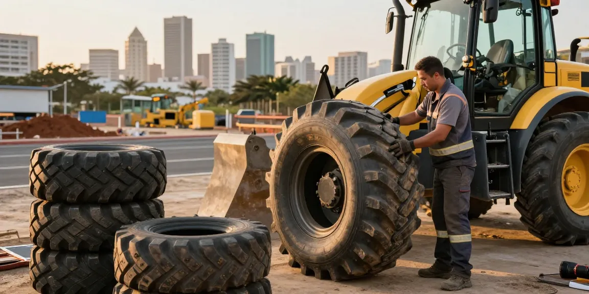 Expert technician fitting premium TLB tyres on a backhoe in Durban