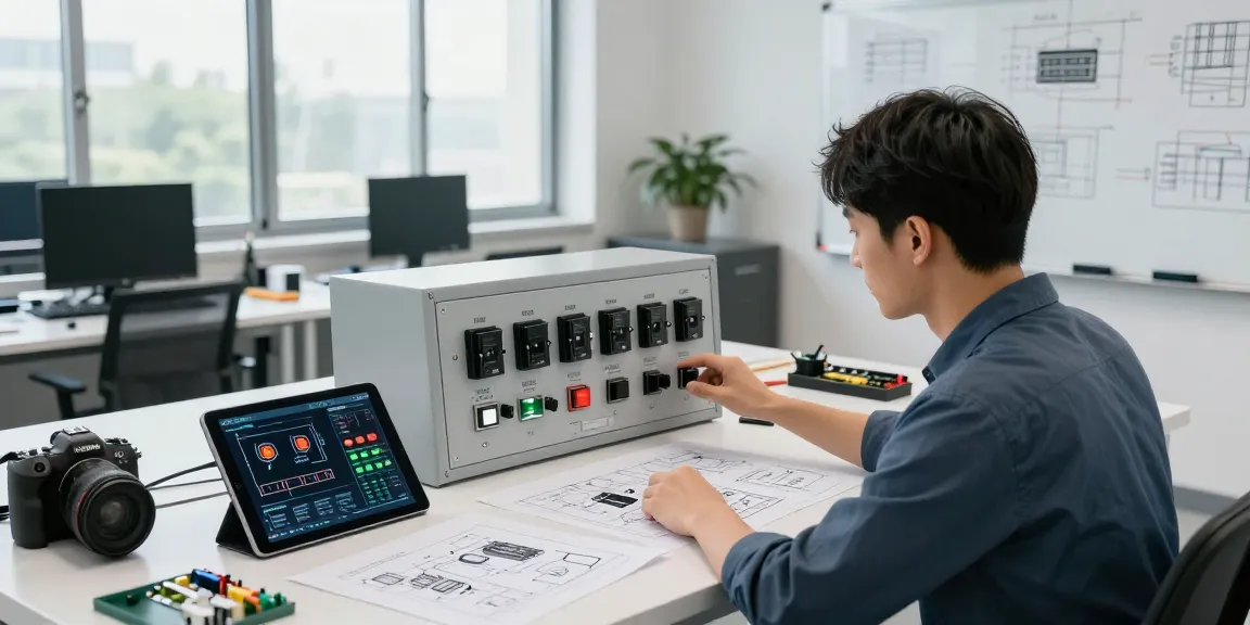Engineer examining panel switches in a modern tech workspace, showcasing innovative designs and performance metrics.