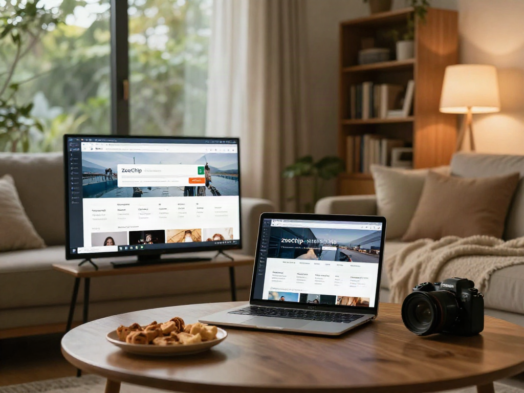 Discovering ZoeChip streaming options on a laptop in a cozy home setting.