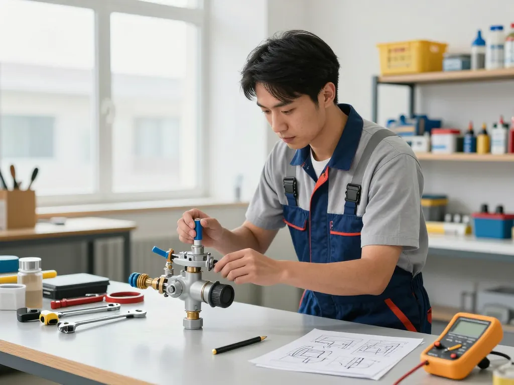 Backflow prevention inspection in a bright plumbing workshop by a licensed plumber.