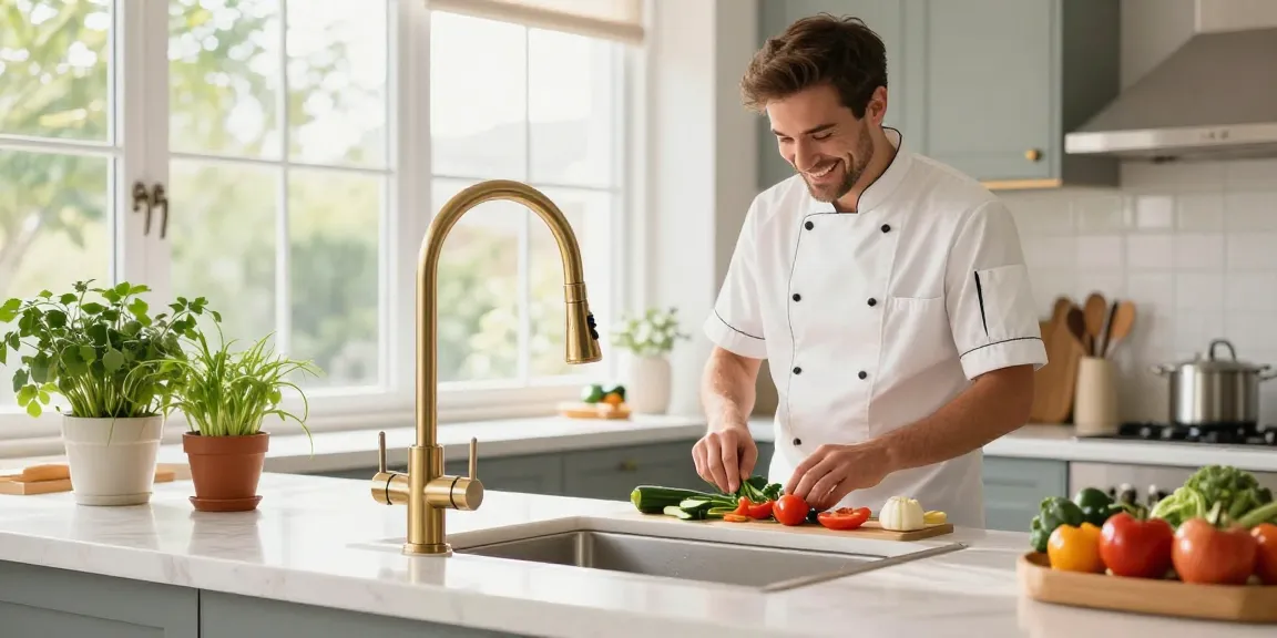 Contemporary kitchen faucet enhancing a stylish kitchen setup, with a focus on kitchen faucets made from lead-free materials.