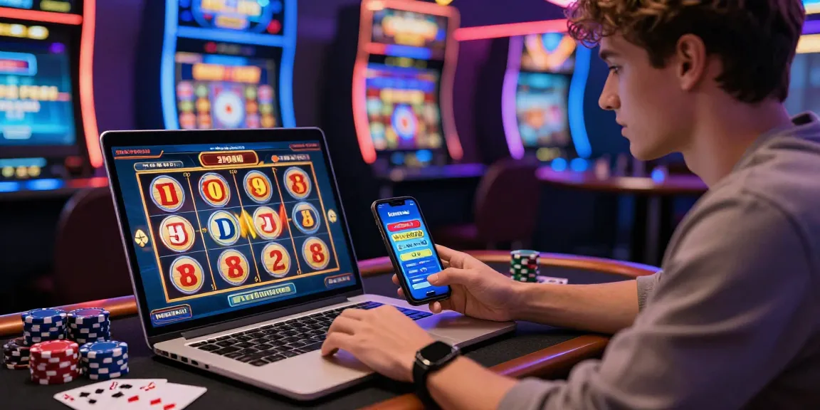 Scène d'un casino en ligne avec un joueur utilisant un ordinateur portable, ambiance dynamique, casino virtuel lumineux et jeux variés.
