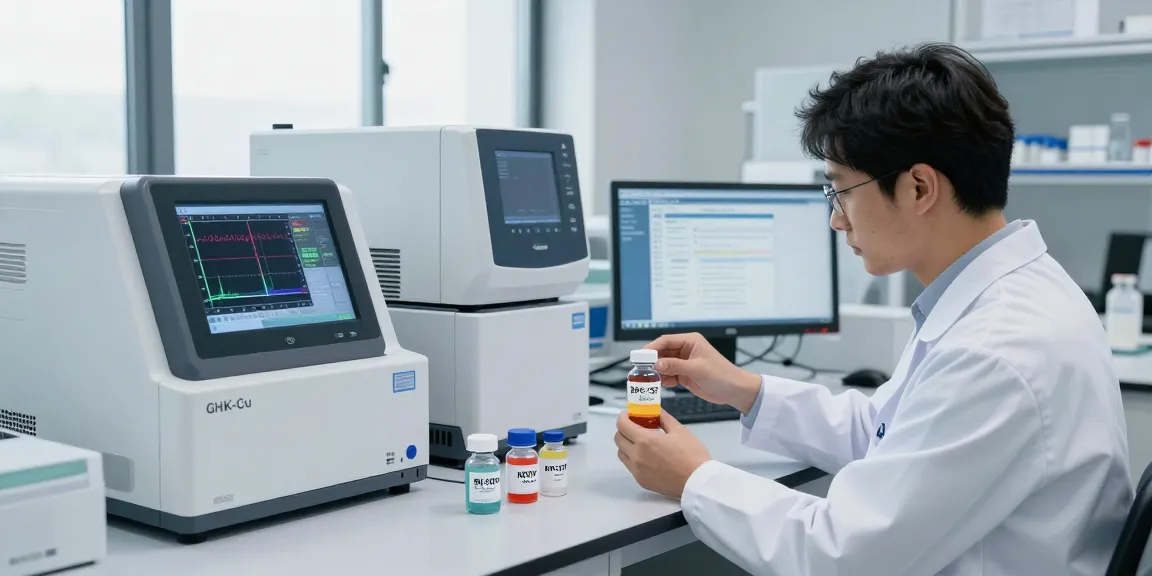Scientist analyzing KLOW stack components in a modern laboratory setting with advanced equipment.