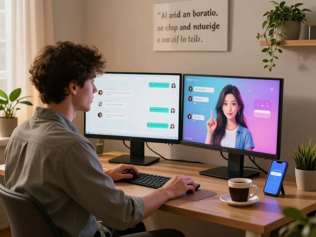 Engaging ai sex chat with an AI companion in a cozy home office.