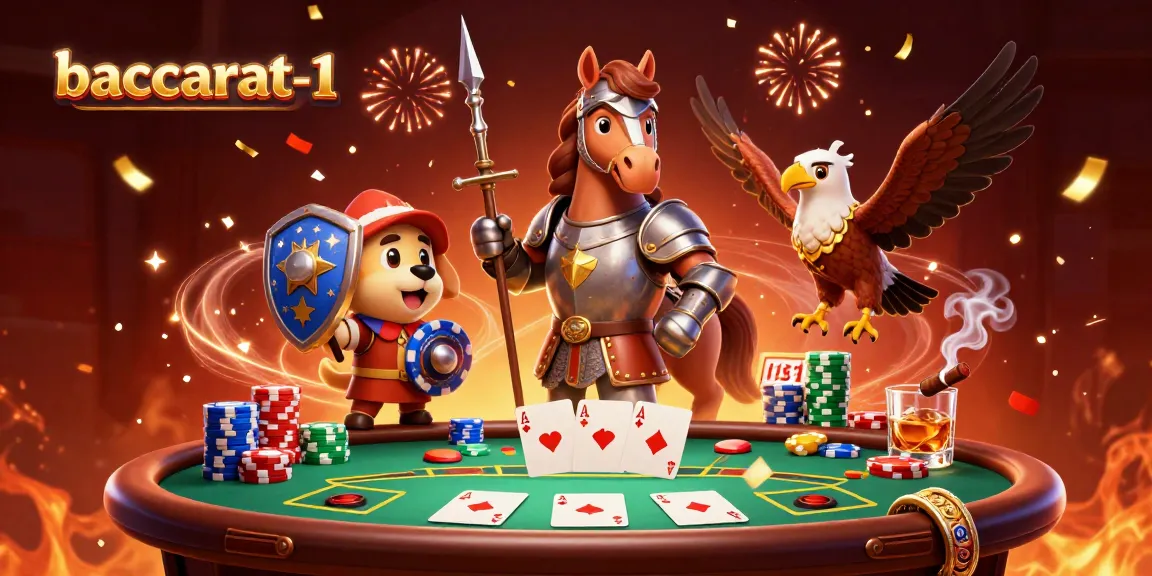 Baccarat-1 captures an exciting scene with armored knight, playful squire, and falcon at a vibrant baccarat table.