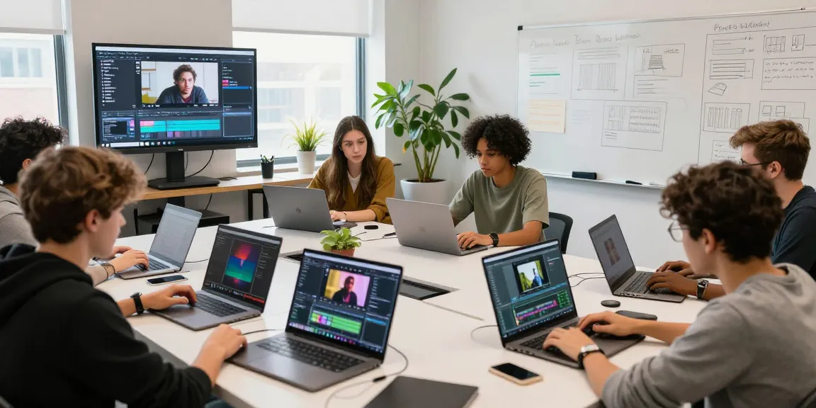 Learn video editing and motion graphics in an engaging workshop with creative collaboration, vibrant classroom atmosphere, and hands-on projects.