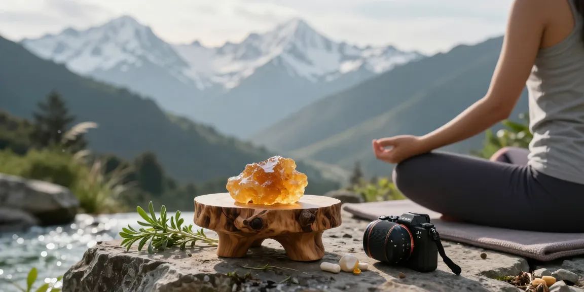 Authentic shilajit resin Australia showcased in serene Himalayan wellness scene with yoga and natural elements.