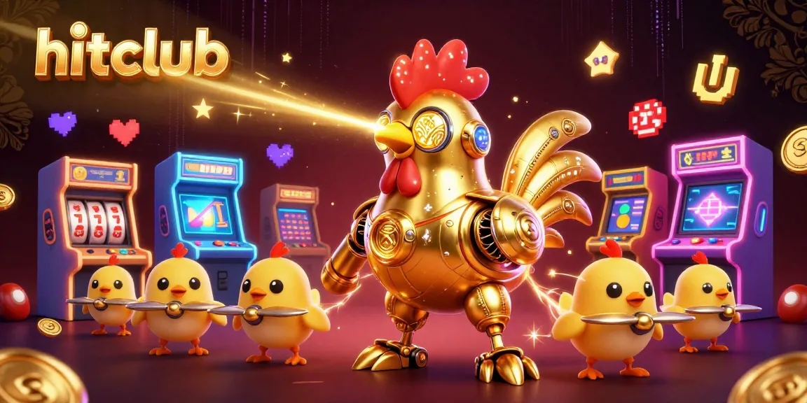 Hitclub showcases a thrilling gaming scene with a golden robot and drone entourage in a vibrant casino environment.