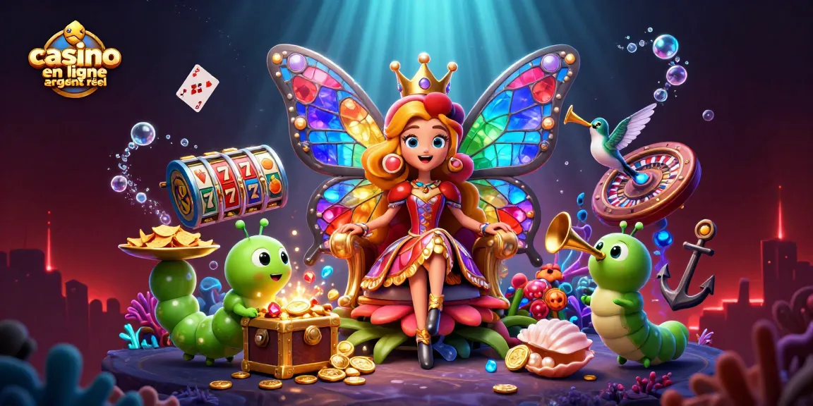 Visuel d'une reine papillon dans un casino en ligne argent réel, entourée de jeux et de trésors sous-marins.
