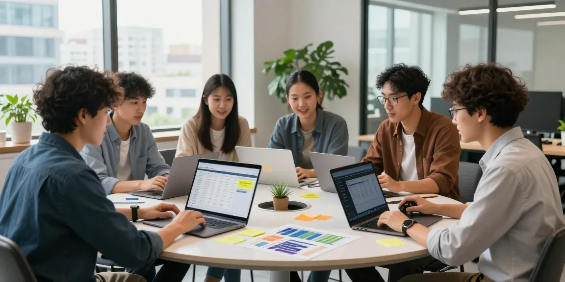 Team collaborating on jacktoto software in a modern office with natural light.