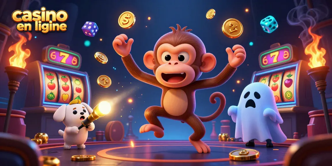 Le casino en ligne animé montre un singe poltergeist jonglant avec des pièces d'or et un chiot chasseur de fantômes captivé.