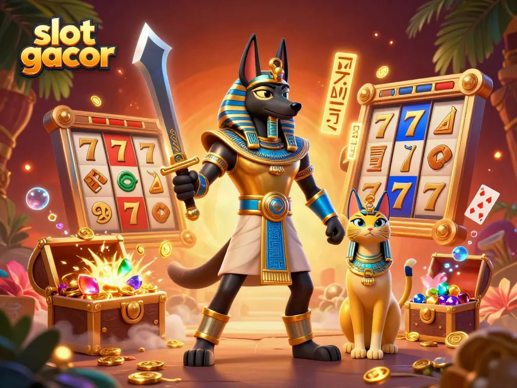 Engaging slot gacor illustration showcasing Anubis and Bastet amidst spinning reel symbols and glowing treasures.