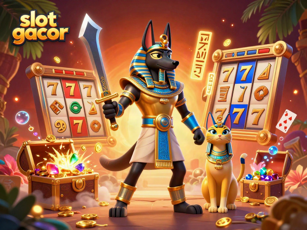 Engaging slot gacor illustration showcasing Anubis and Bastet amidst spinning reel symbols and glowing treasures.