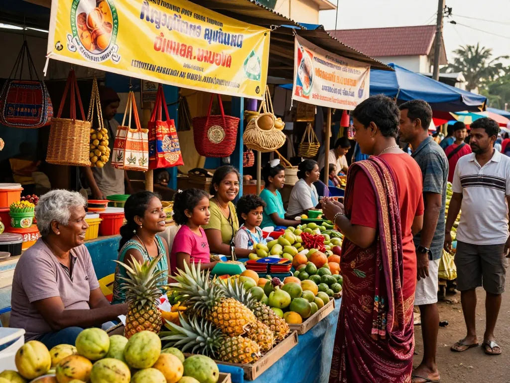 Engaging market scene showcasing Lanka Ads in Sri Lanka, vibrant stalls with local vendors and families interacting.