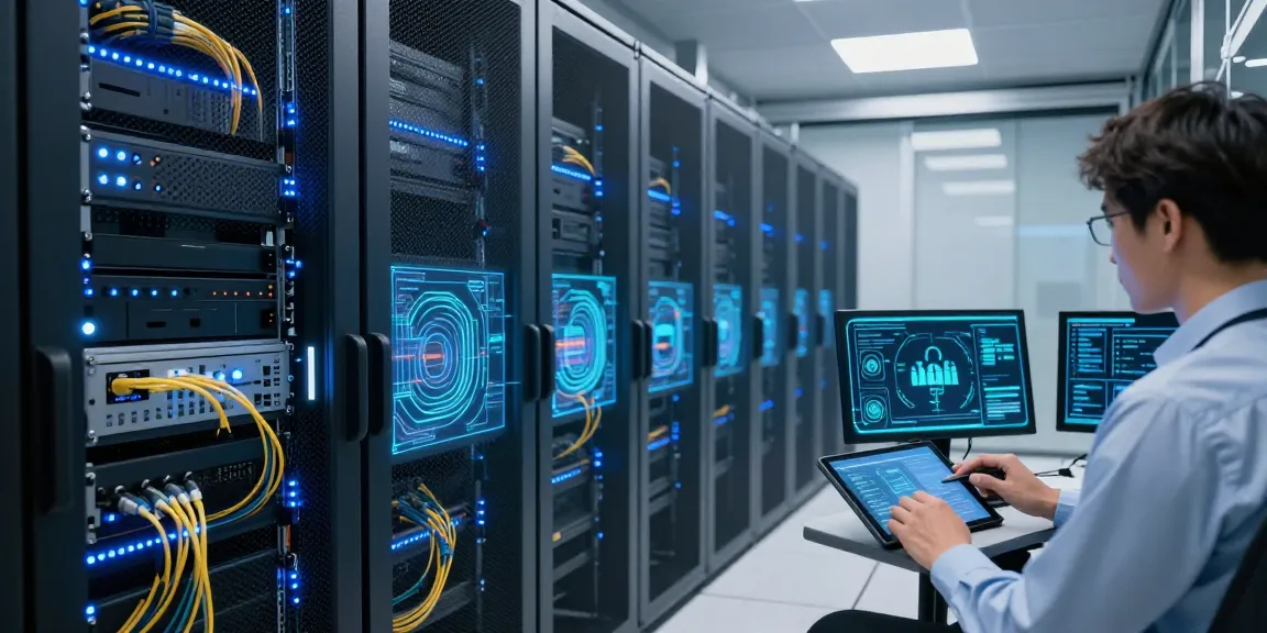Vue technologique d'un centre de données avec Iron tv et solutions de cybersécurité.