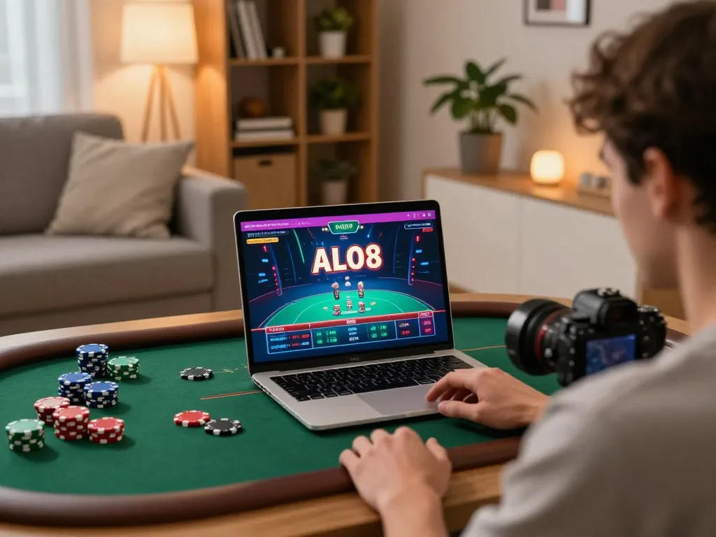 Player using ALO8 on laptop at home, showcasing engaging poker gameplay and relaxed atmosphere.