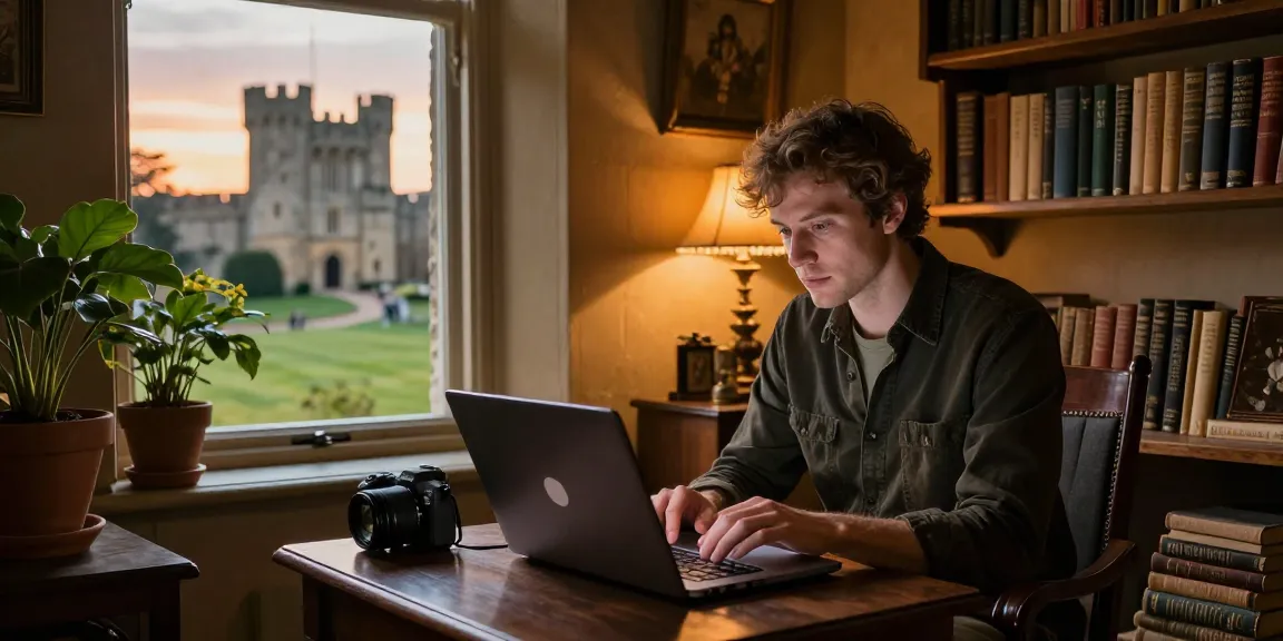 A reader exploring historical content on Tynte's Castle at https://tyntescastle.com, surrounded by books and artifacts in a cozy nook.