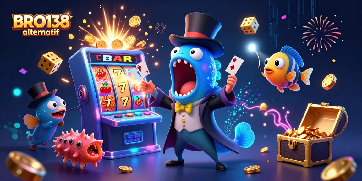 Engage in thrilling slots with BRO138 alternatif featuring a colorful jackpot explosion, a wizarding eel, and casino game excitement.