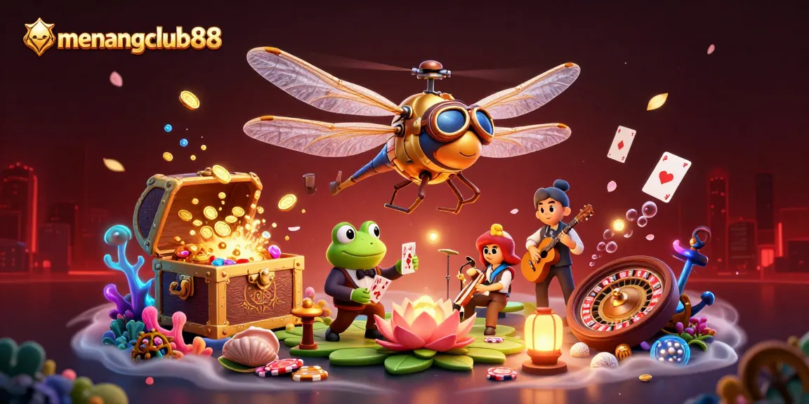 Engage with the thrilling world of menangclub88 through this animated casino scene with a dragonfly pilot.
