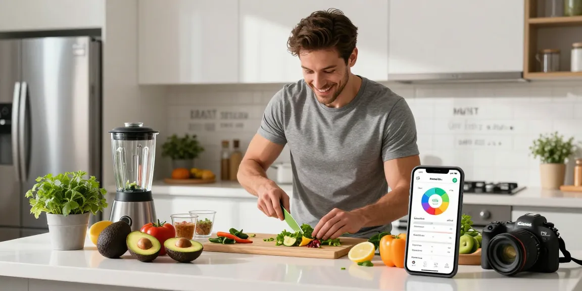 A fitness enthusiast using the best macro tracker app in a vibrant kitchen filled with fresh ingredients.