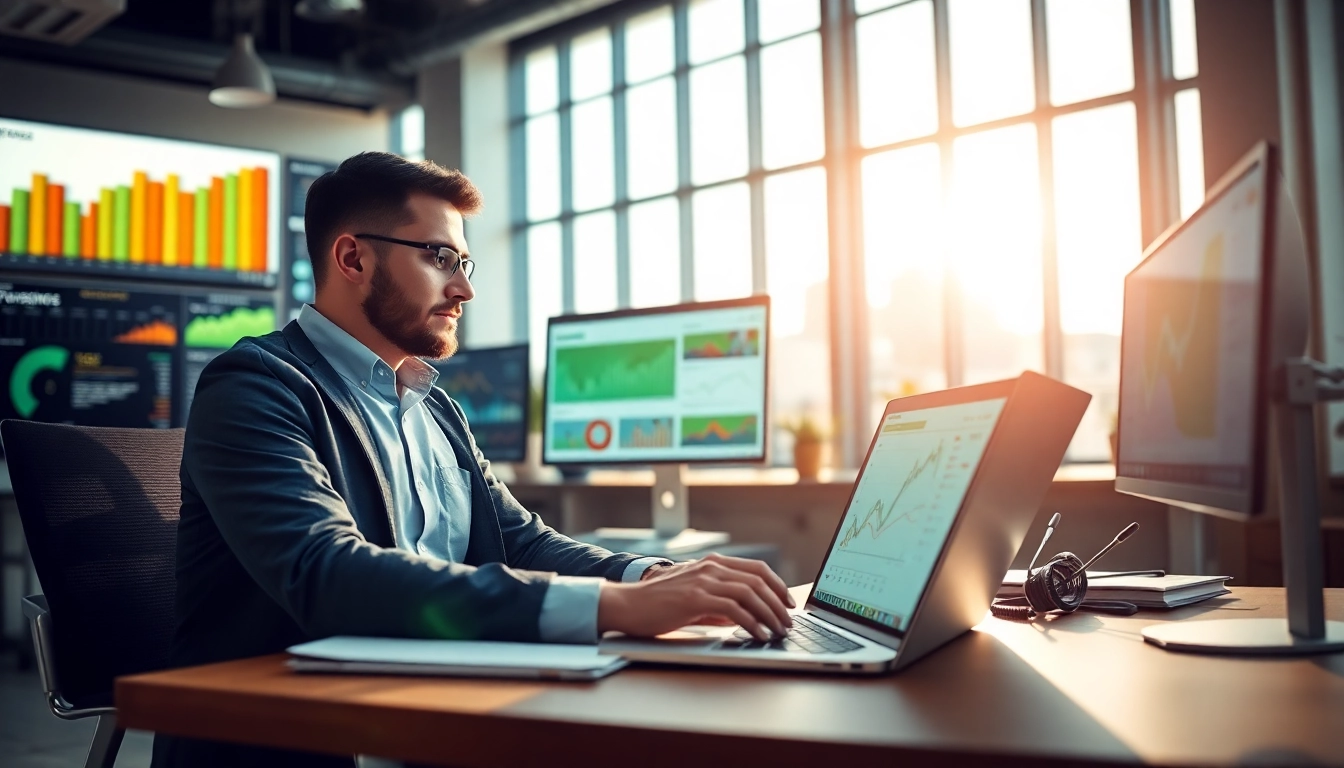 Analysing website data at https://alvionz.de/ in a vibrant office setting with charts and graphs.