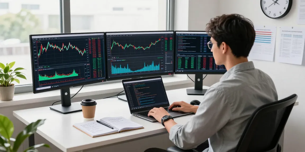 Trader using MetaTrader 5 on multiple screens in a modern financial workspace.