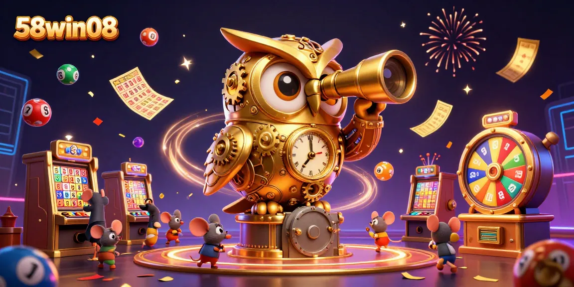 Experience thrilling gameplay at 58win08 with an exciting casino scene featuring a golden owl and vibrant lottery elements.