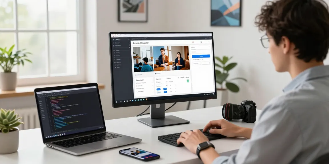 Free AI image detector showcased in a modern workspace with high-tech interfaces and vibrant lighting.