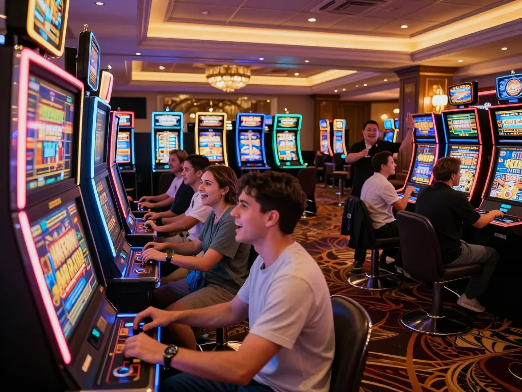 cm88 players enjoying the thrill of slot machines in a luxurious casino, bright lights and vibrant atmosphere.