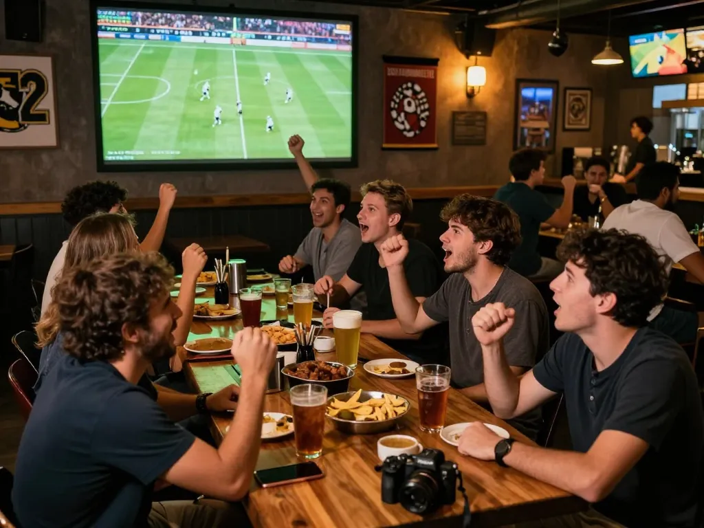 Nonton bola live excitement at a sports bar with friends cheering during a match.