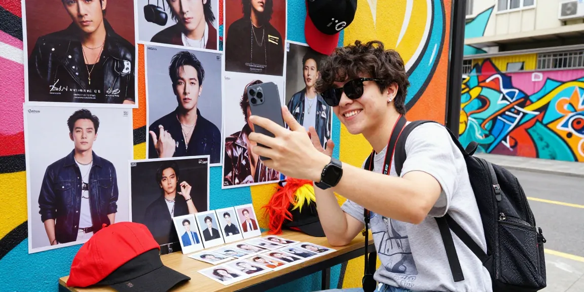 Joyful young adult taking a selfie with celebrity posters, discovering who they look like celebrities in a vibrant urban setting.