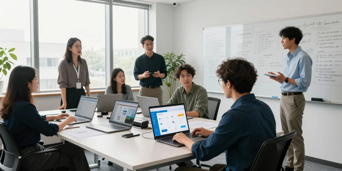 Collaborative team developing 纸飞机中文版 app features in a modern office.