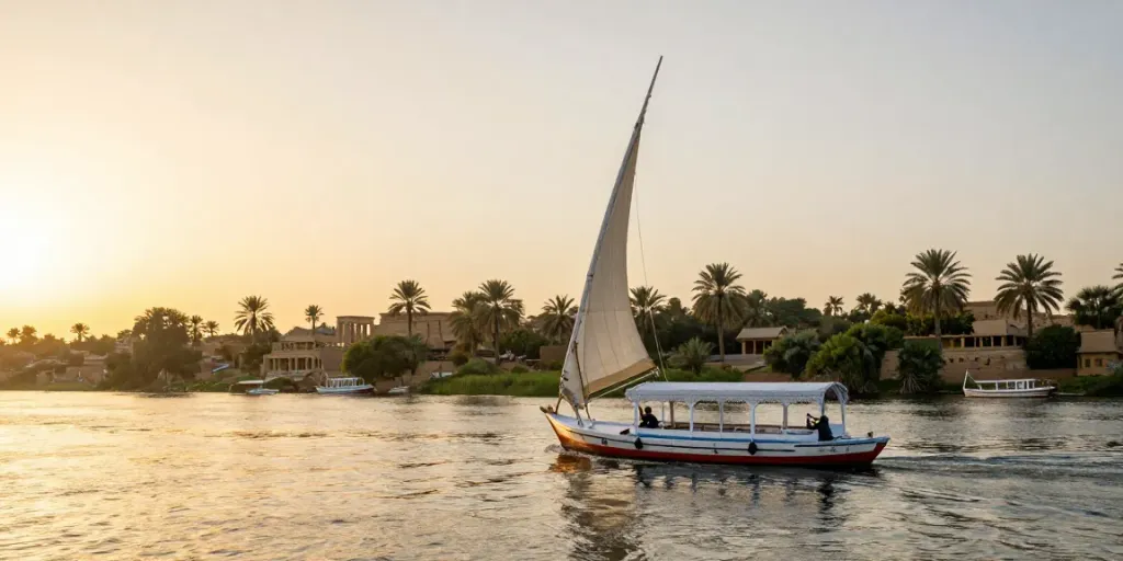 Dahabiya Nile cruises with a traveler enjoying scenic views at sunset.