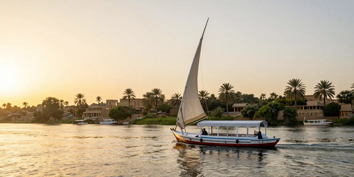 Dahabiya Nile cruises with a traveler enjoying scenic views at sunset.