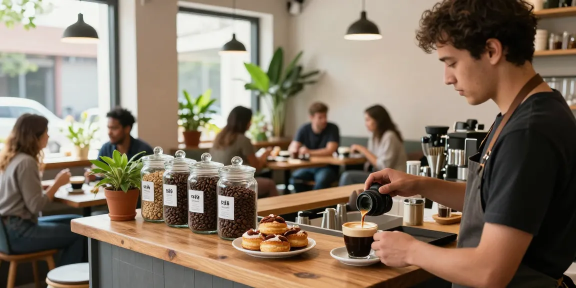 Barista preparing rokok 88 coffee drinks in a cozy café scene.