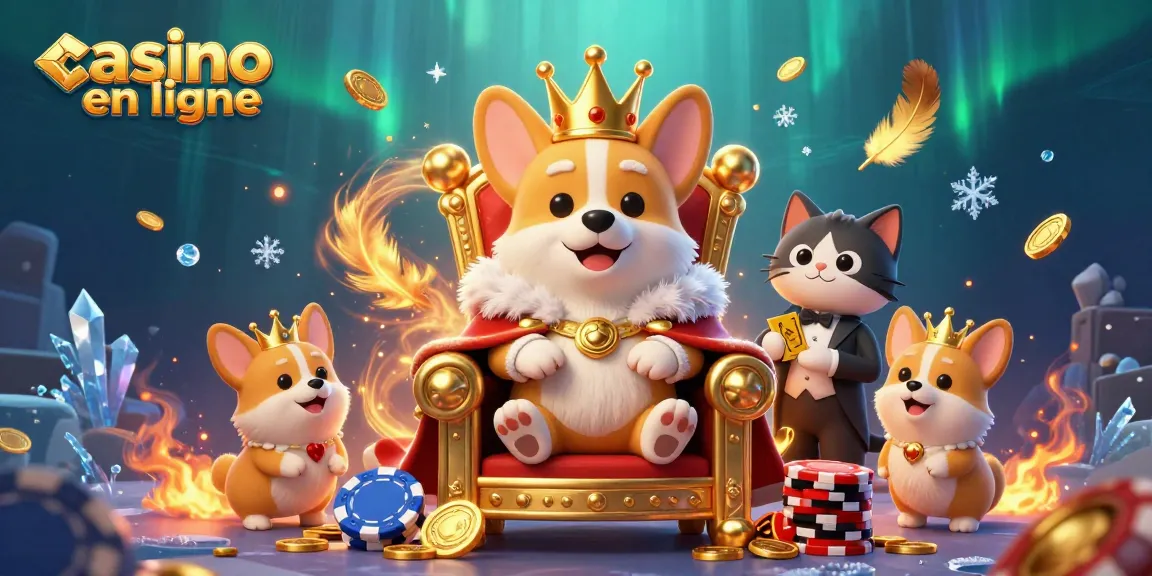 Jouez au casino en ligne avec ce corgi royal et son majordome autour des machines à sous dorées.