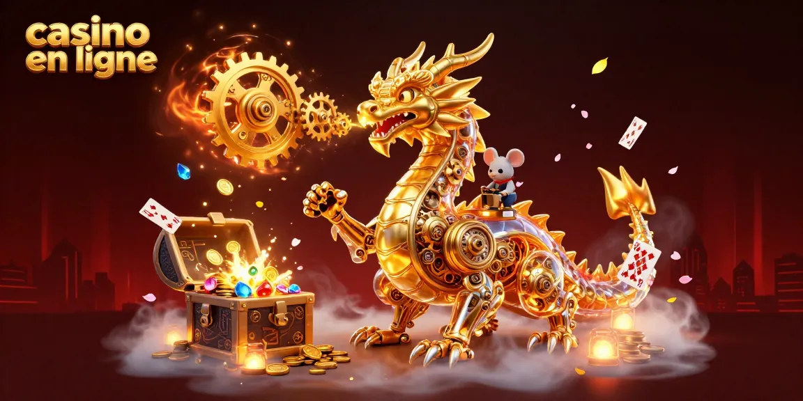 Casino en ligne illustré par un dragon d'or mécanique parmi des trésors sous-marins.