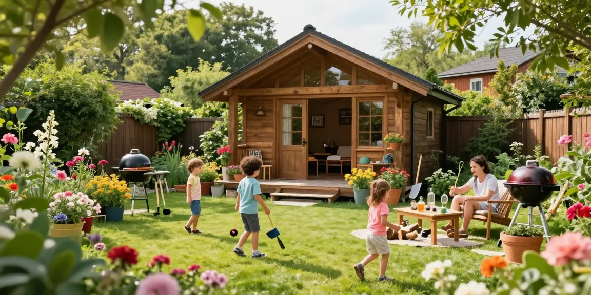 Garten Haus mit blühendem Garten und aktiven Kindern für eine einladende Outdoor-Atmosphäre