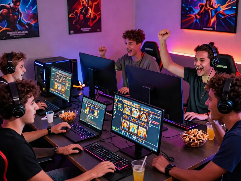 Excited friends engaging with an online slot game, showcasing vibrant gaming atmosphere.