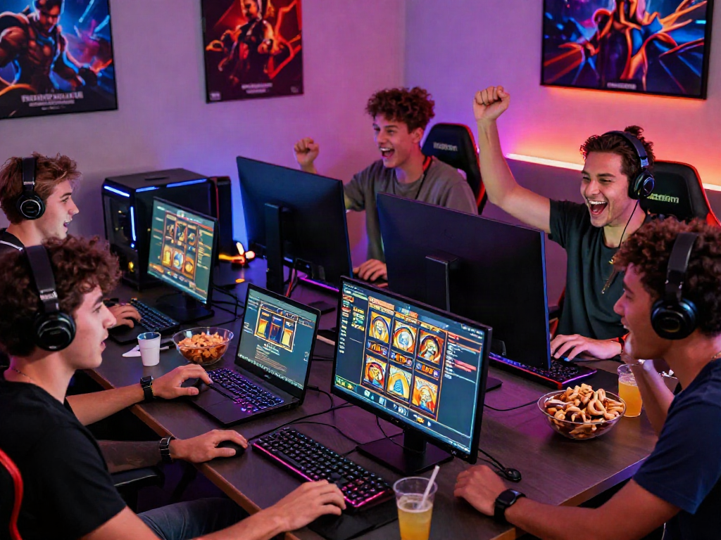 Excited friends engaging with an online slot game, showcasing vibrant gaming atmosphere.
