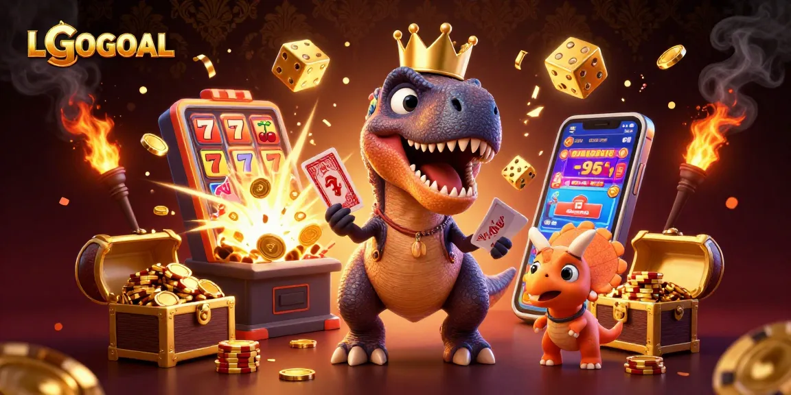 Experience the thrill of winning with LGOGOAL in an action-packed casino scene featuring playful dinosaurs.