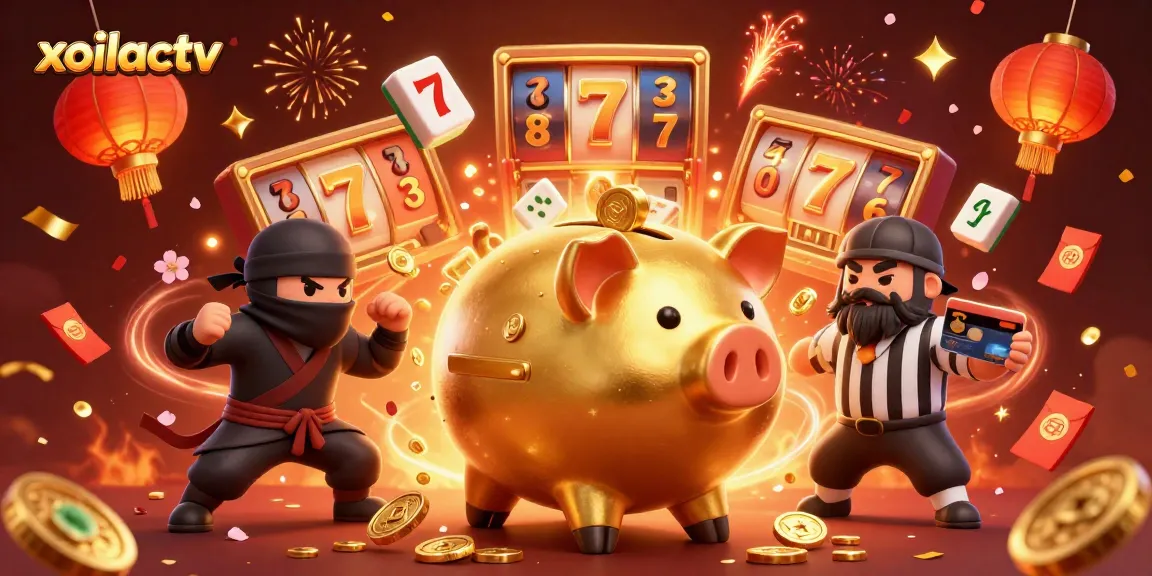 Engage with xoilactv's energetic casino experience featuring cartoon characters and vibrant slot elements.