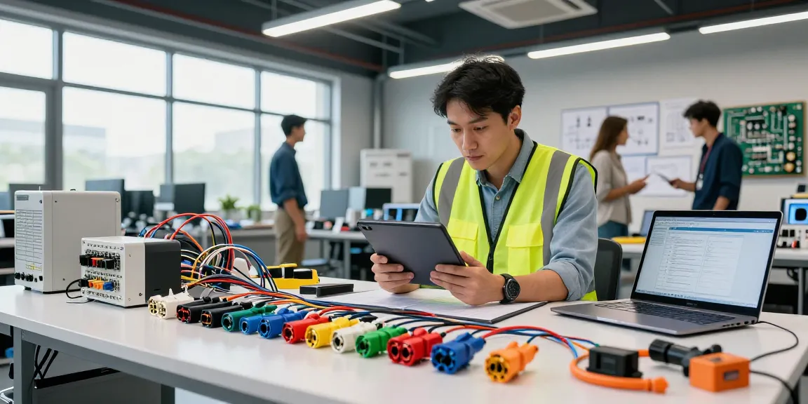 Engineer examining IEC connectors in a high-tech workspace filled with electrical equipment and tools.