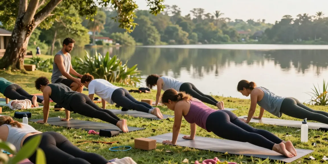 Yoga teacher sri lanka training scene with students practicing Vinyasa sequences at Lanka Yoga retreat, serene lake backdrop, lush greenery.