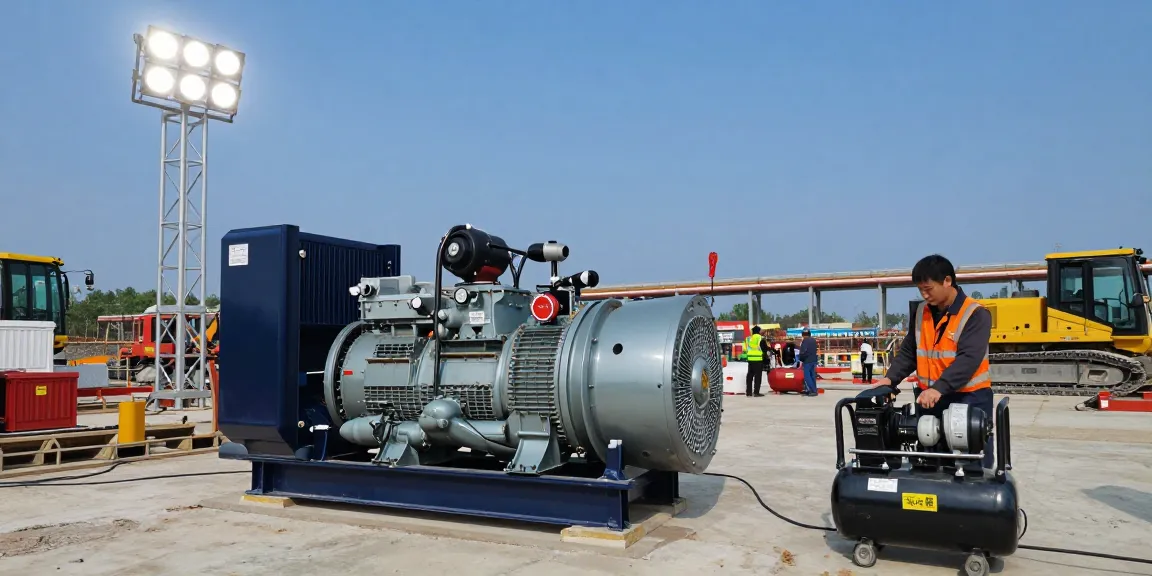 Technician operating a gas generator and portable air compressor at a construction site, showcasing energy efficiency.